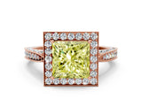 Rose gold Fancy Yellow Princess Cut Halo Diamond Engagement Ring with Split Shank Band and Four-Prong Setting