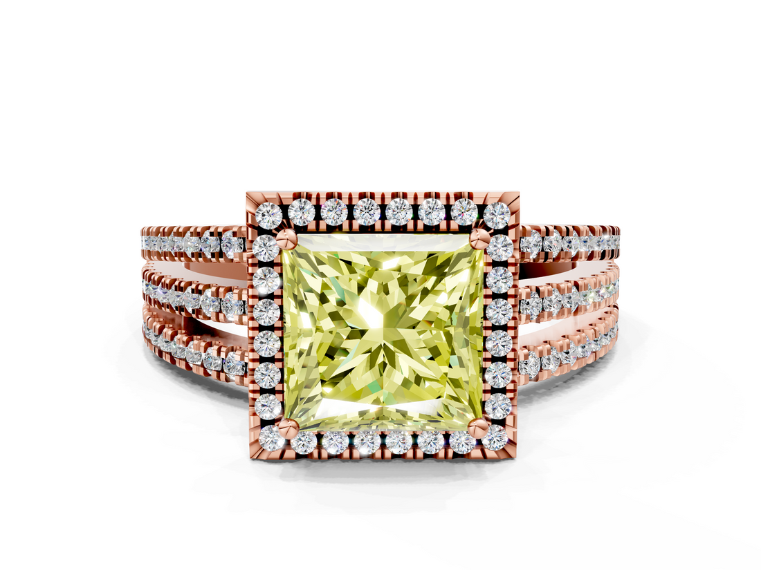 Rose gold Fancy Yellow Princess  Cut Halo Diamond Engagement Ring with Split Shank and Four-Prong Setting