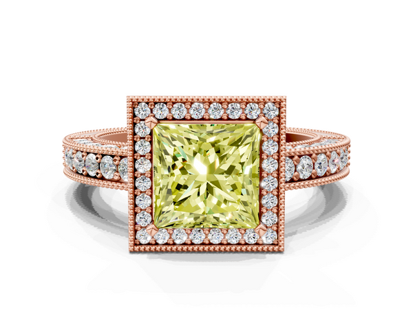 Rose gold Fancy Yellow Princess  Cut Halo Diamond Pave Band Ring with Four-Prong Setting