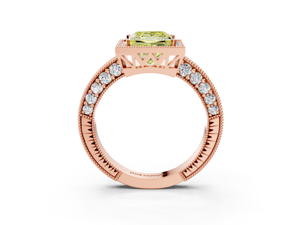 Rose gold Fancy Yellow Princess  Cut Halo Diamond Pave Band Ring with Four-Prong Setting
