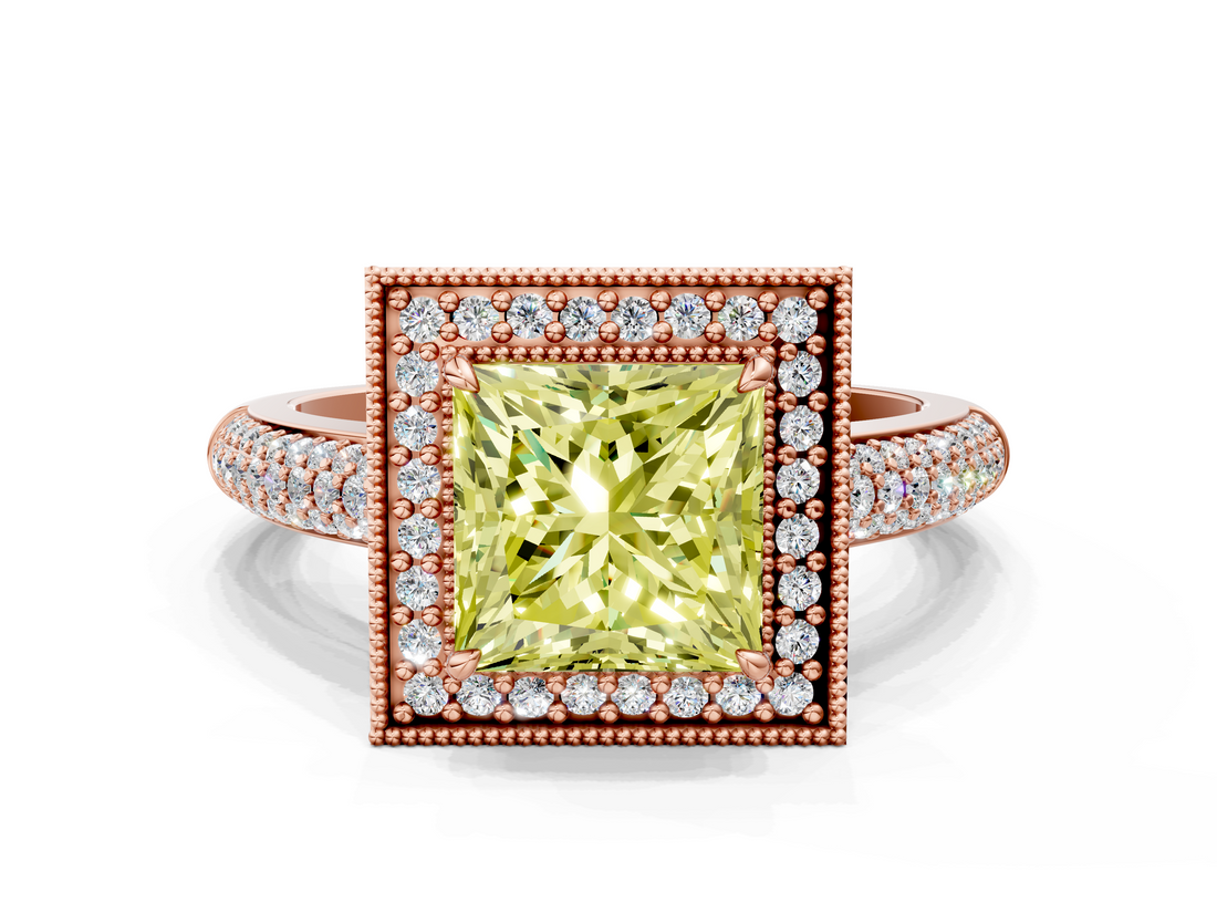 Rose gold Fancy Yellow Princess  Cut Halo Diamond Pave Band with Four-Prong Setting