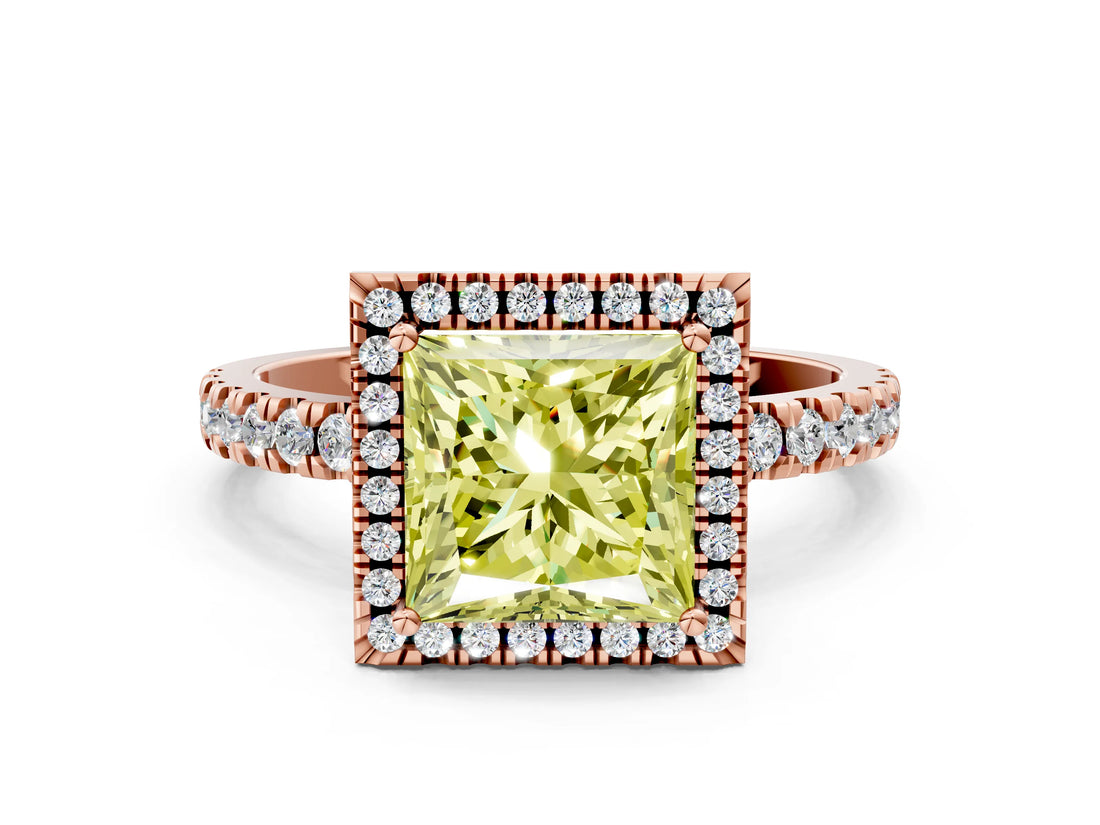 Rose gold Fancy Yellow Princess Cut Halo Diamond Pave Band with Prong Setting