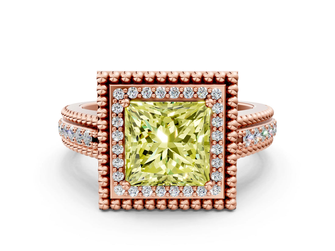 Rose gold Fancy Yellow Princess Cut Halo Diamond Ring with Beaded Split Shank and Four-Prong Setting