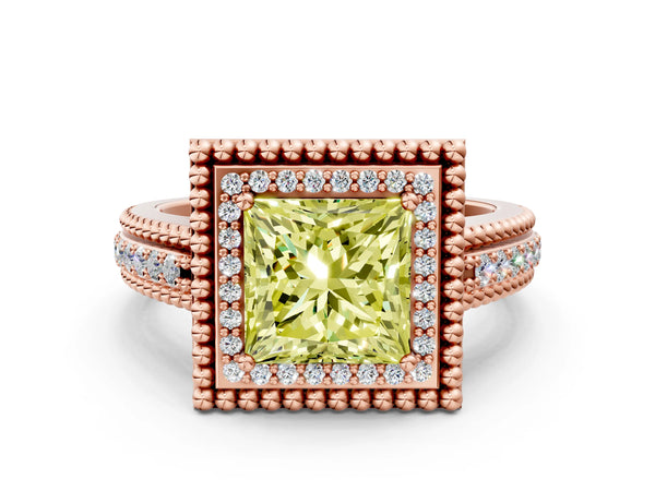 Rose Gold Princess Cut Beaded Halo Engagement Ring Setting for Fancy Yellow Center with Pave