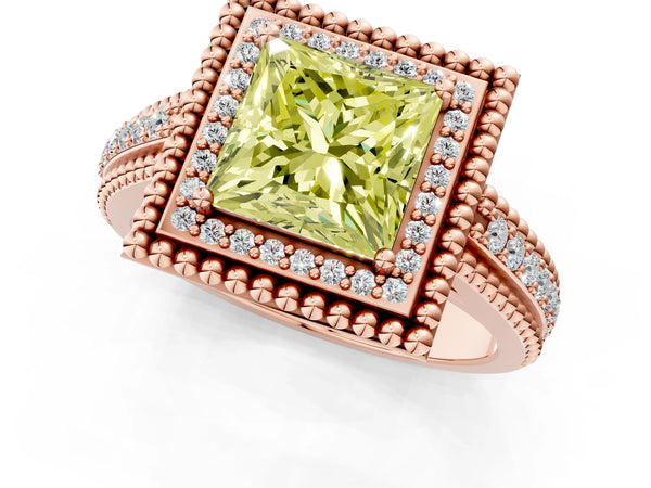 Rose Gold Princess Cut Beaded Halo Engagement Ring Setting for Fancy Yellow Center with Pave