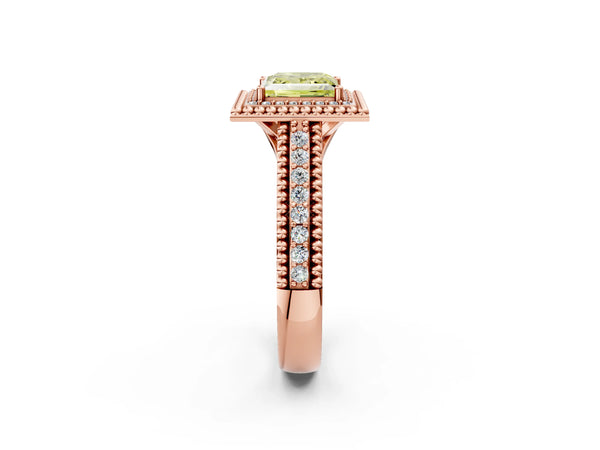 Rose Gold Princess Cut Beaded Halo Engagement Ring Setting for Fancy Yellow Center with Pave