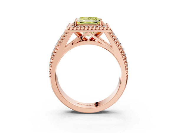 Rose Gold Princess Cut Beaded Halo Engagement Ring Setting for Fancy Yellow Center with Pave