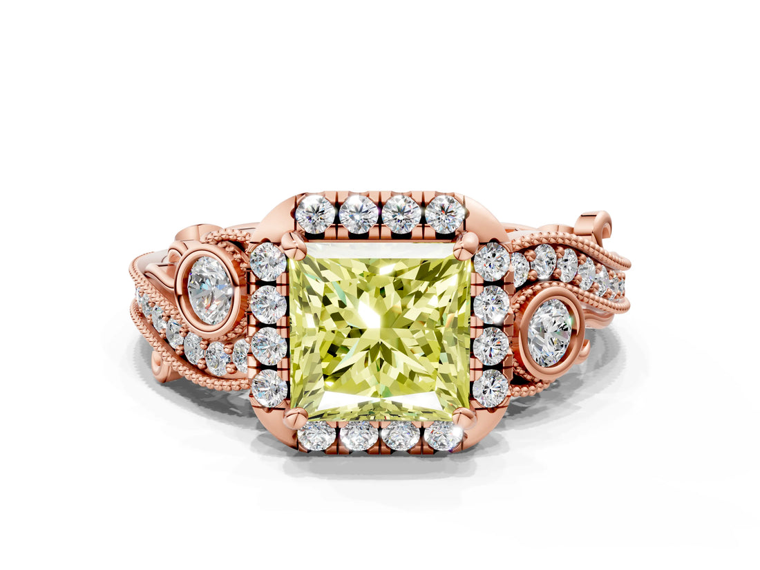 Rose gold Fancy Yellow Princess Cut Halo Diamond Ring with Milgrain and Bezel Accents on a Split Shank Band_12