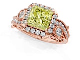 Rose gold Fancy Yellow Princess Cut Halo Diamond Ring with Milgrain and Bezel Accents on a Split Shank Band_13
