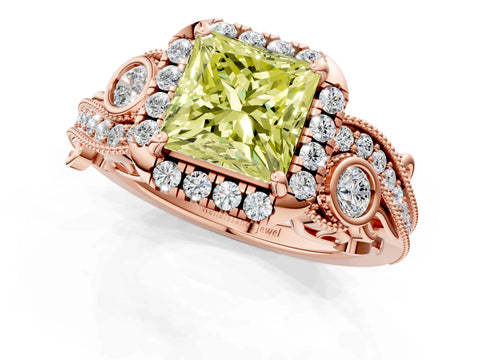 Rose gold Fancy Yellow Princess Cut Halo Diamond Ring with Milgrain and Bezel Accents on a Split Shank Band_1