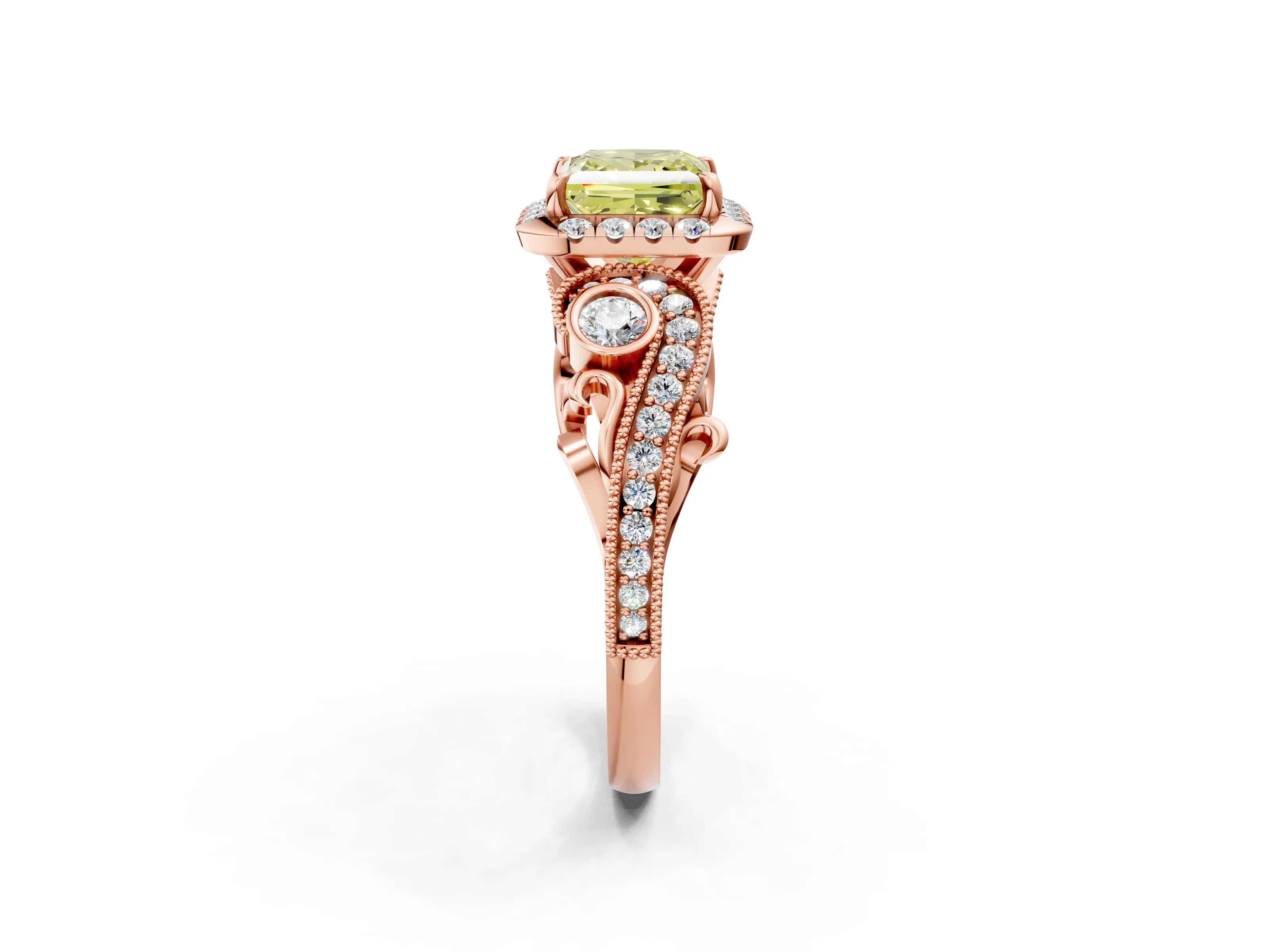 Rose gold Fancy Yellow Princess Cut Halo Diamond Ring with Milgrain and Bezel Accents on a Split Shank Band_2
