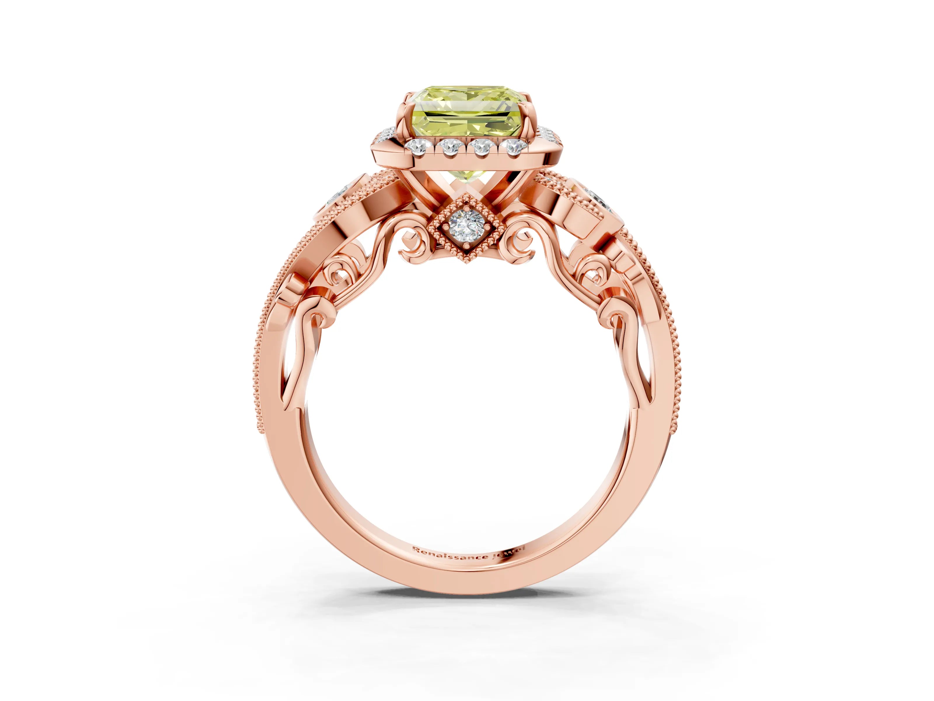 Rose gold Fancy Yellow Princess Cut Halo Diamond Ring with Milgrain and Bezel Accents on a Split Shank Band_3