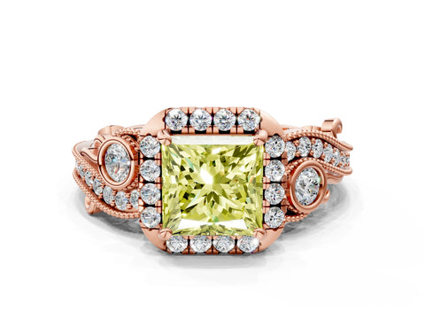 Rose gold Fancy Yellow Princess Cut Halo Diamond Ring with Milgrain and Bezel Accents on a Split Shank Band