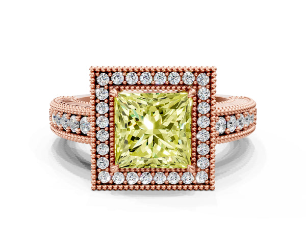 Rose gold Fancy Yellow Princess  Cut Halo Diamond Ring with Pavé Band and Four-Prong Setting