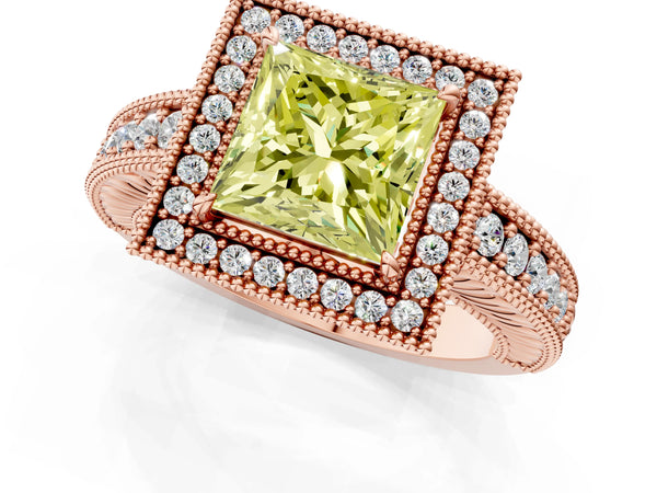 Rose gold Fancy Yellow Princess  Cut Halo Diamond Ring with Pavé Band and Four-Prong Setting