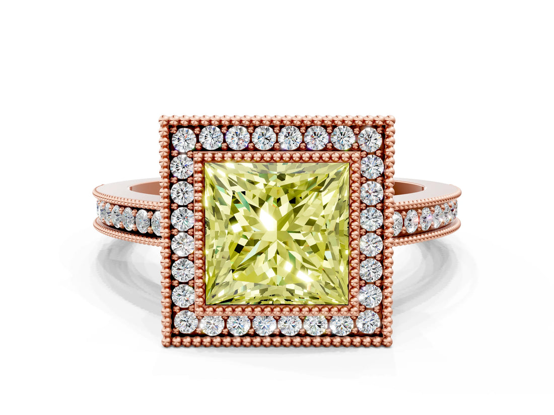 Rose gold Fancy Yellow Princess  Cut Halo Diamond Ring with Pavé Band and Milgrain Prong Setting_33