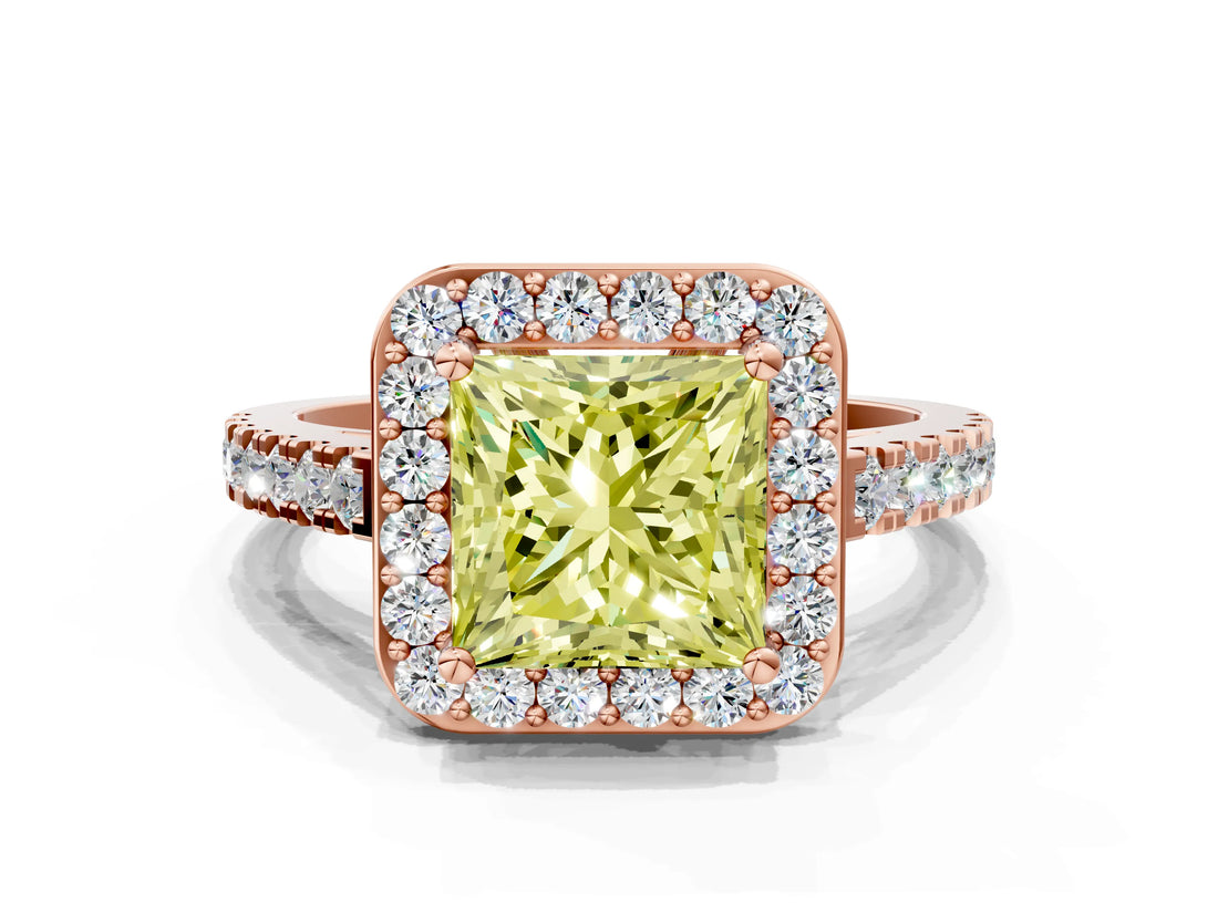 Rose gold Fancy Yellow Princess Cut Halo Diamond Ring with Pavé Band and Three-Prong Setting