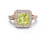 Rose gold Fancy Yellow Princess Cut Halo Diamond Ring with Pavé Band and Three-Prong Setting