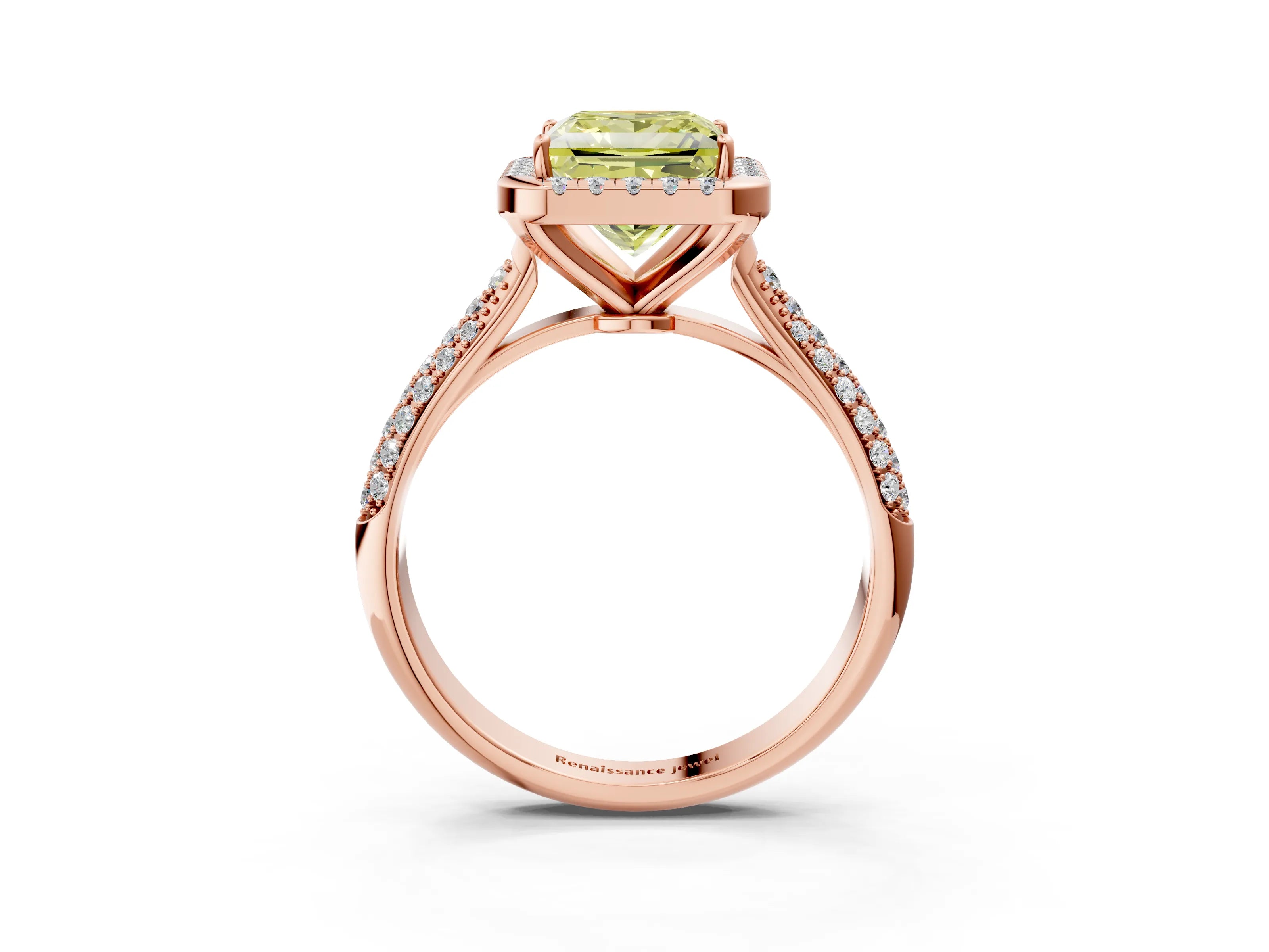 Rose gold Fancy Yellow Princess Cut Halo Diamond Ring with Pavé Band_3