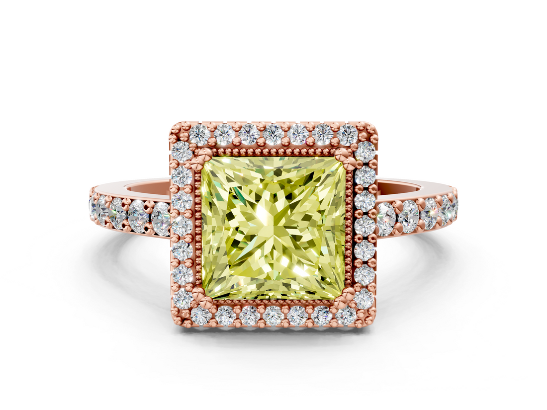 Rose gold Fancy Yellow Princess  Cut Halo Diamond Ring with Pave Band and Four-Prong Setting