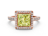 Rose gold Fancy Yellow Princess  Cut Halo Diamond Ring with Pave Band and Four-Prong Setting