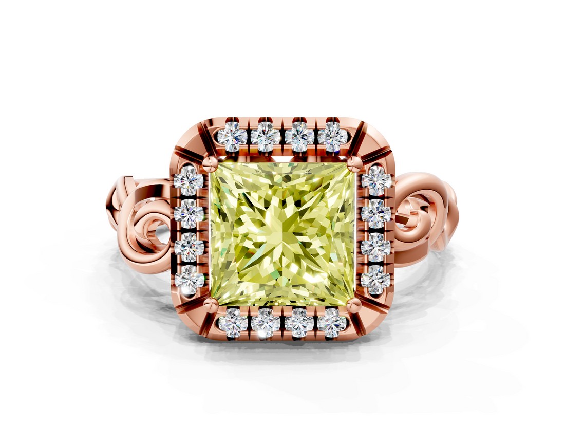 Rose gold Fancy Yellow Princess  Cut Halo Diamond Ring with Scrollwork Band and Four-Prong Setting