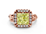 Rose gold Fancy Yellow Princess  Cut Halo Diamond Ring with Scrollwork Band and Four-Prong Setting