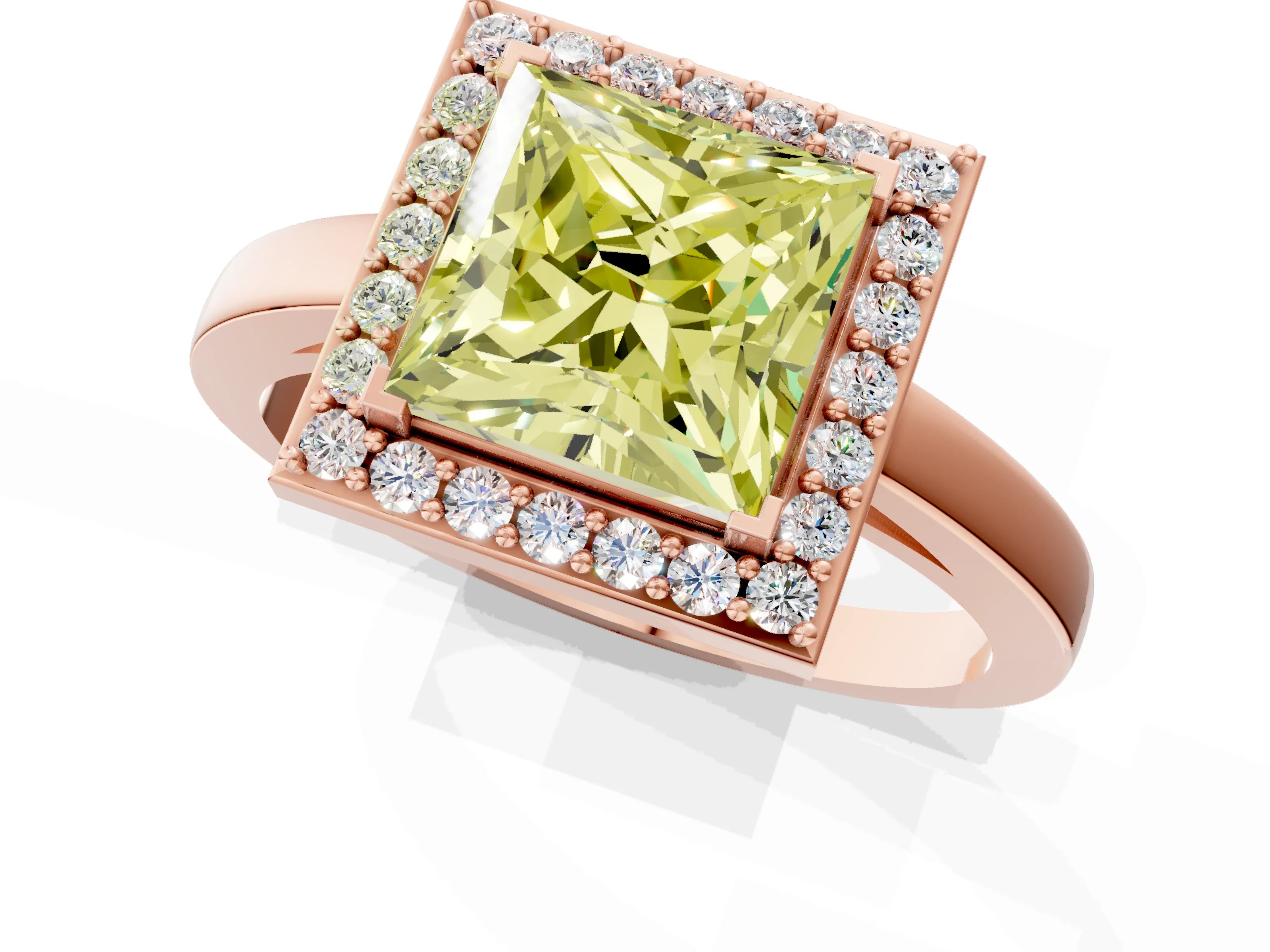 Rose gold Fancy Yellow Princess Cut Halo Diamond Ring with Solitaire Band and Prong Setting_1