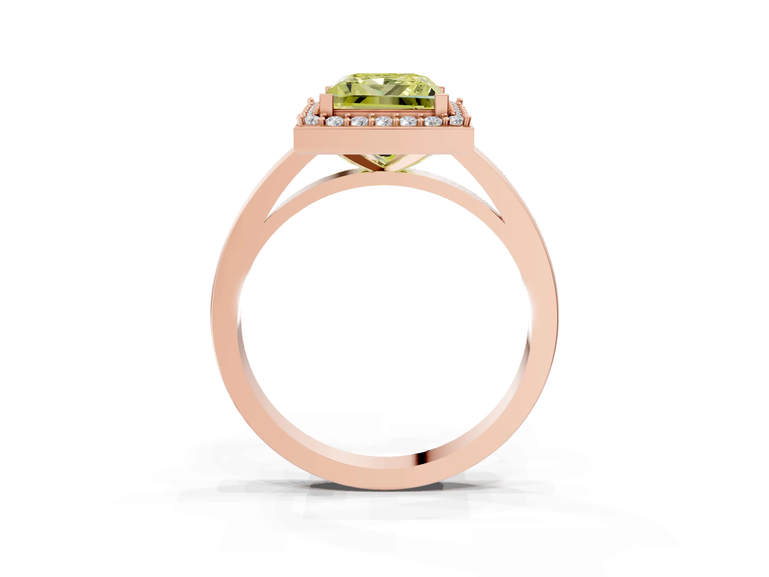 Rose gold Fancy Yellow Princess Cut Halo Diamond Ring with Solitaire Band and Prong Setting_3