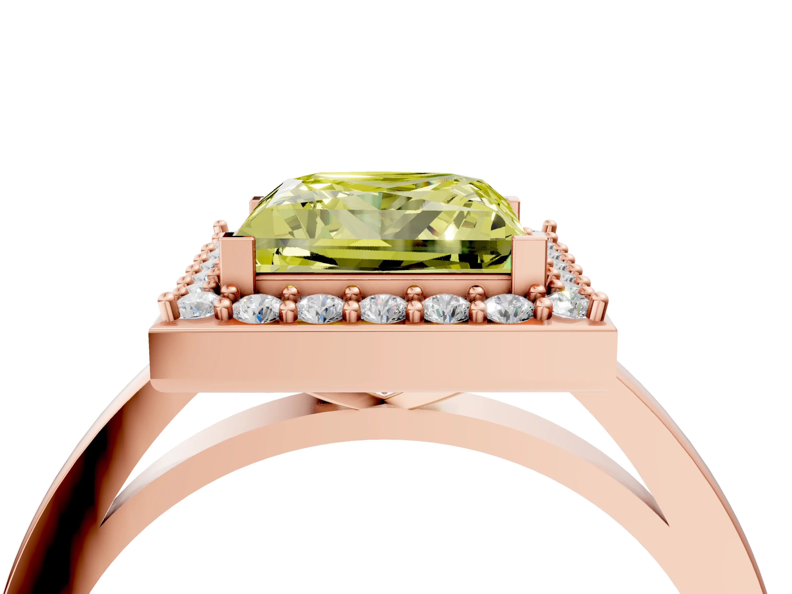 Rose gold Fancy Yellow Princess Cut Halo Diamond Ring with Solitaire Band and Prong Setting_4