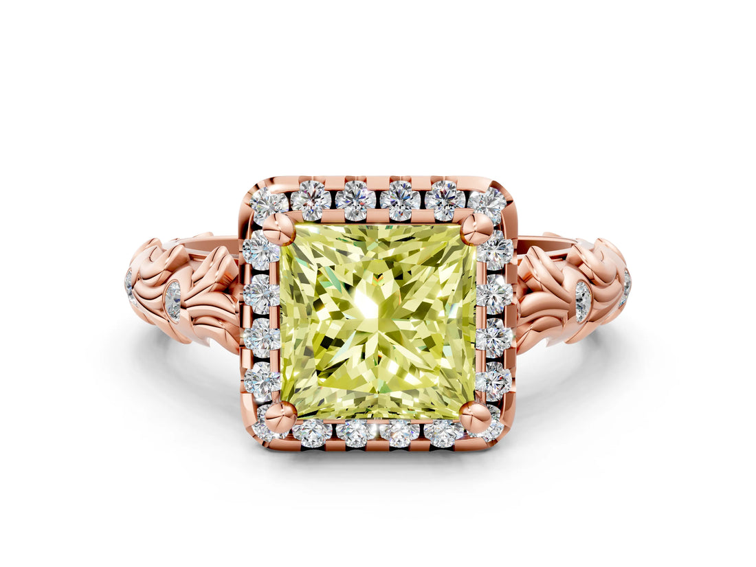 Rose gold Fancy Yellow Princess Cut Halo Diamond Solitaire with Filigree Band and Four-Prong Setting_12