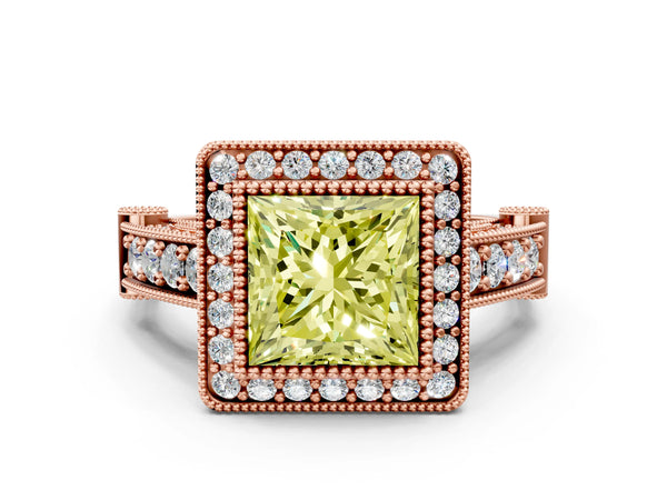 Rose Gold Princess Cut Vintage Bezel Halo Engagement Ring Setting for Fancy Yellow Center