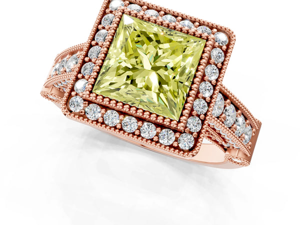 Rose Gold Princess Cut Vintage Bezel Halo Engagement Ring Setting for Fancy Yellow Center