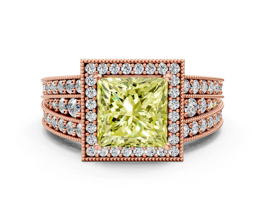 Rose gold Fancy Yellow Princess Cut Halo Diamond Split Shank Ring with Prong Setting