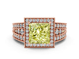 Rose gold Fancy Yellow Princess Cut Halo Diamond Split Shank Ring with Prong Setting