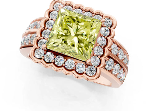 Rose gold Fancy Yellow Princess Cut Halo Diamond Split Shank Ring with Scalloped Prong Setting_1