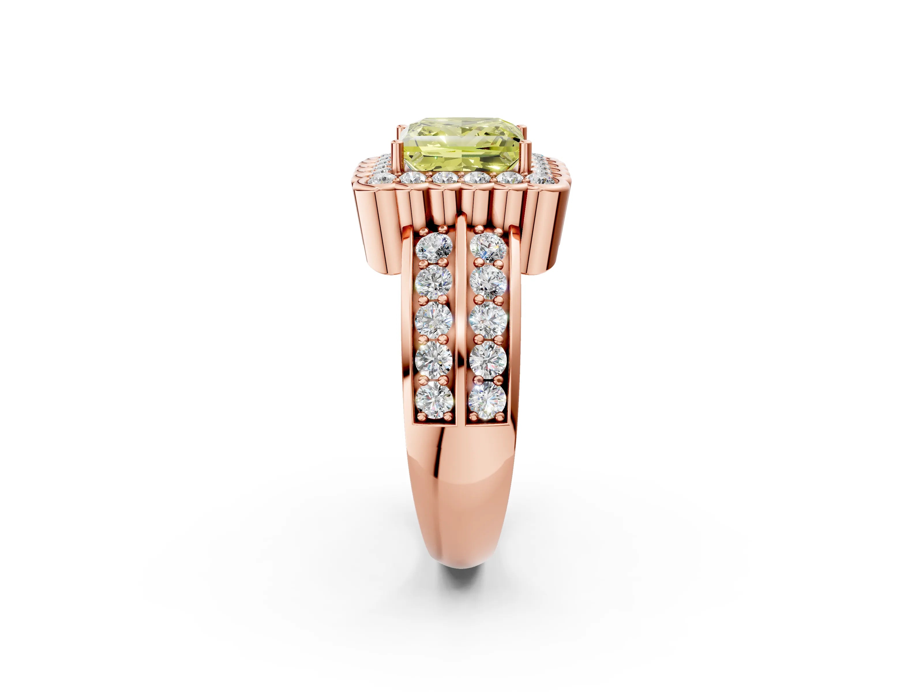 Rose gold Fancy Yellow Princess Cut Halo Diamond Split Shank Ring with Scalloped Prong Setting_2