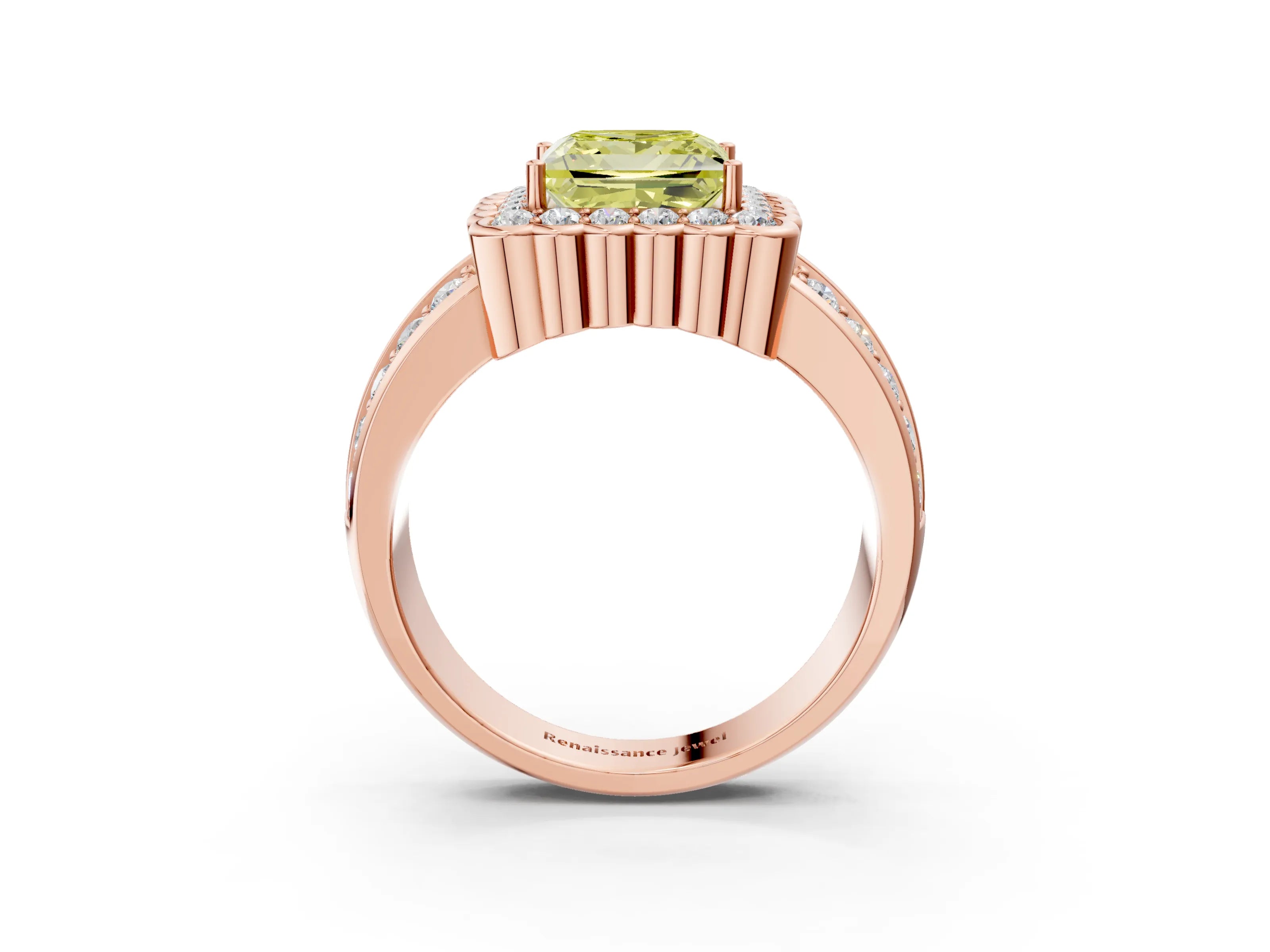 Rose gold Fancy Yellow Princess Cut Halo Diamond Split Shank Ring with Scalloped Prong Setting_3