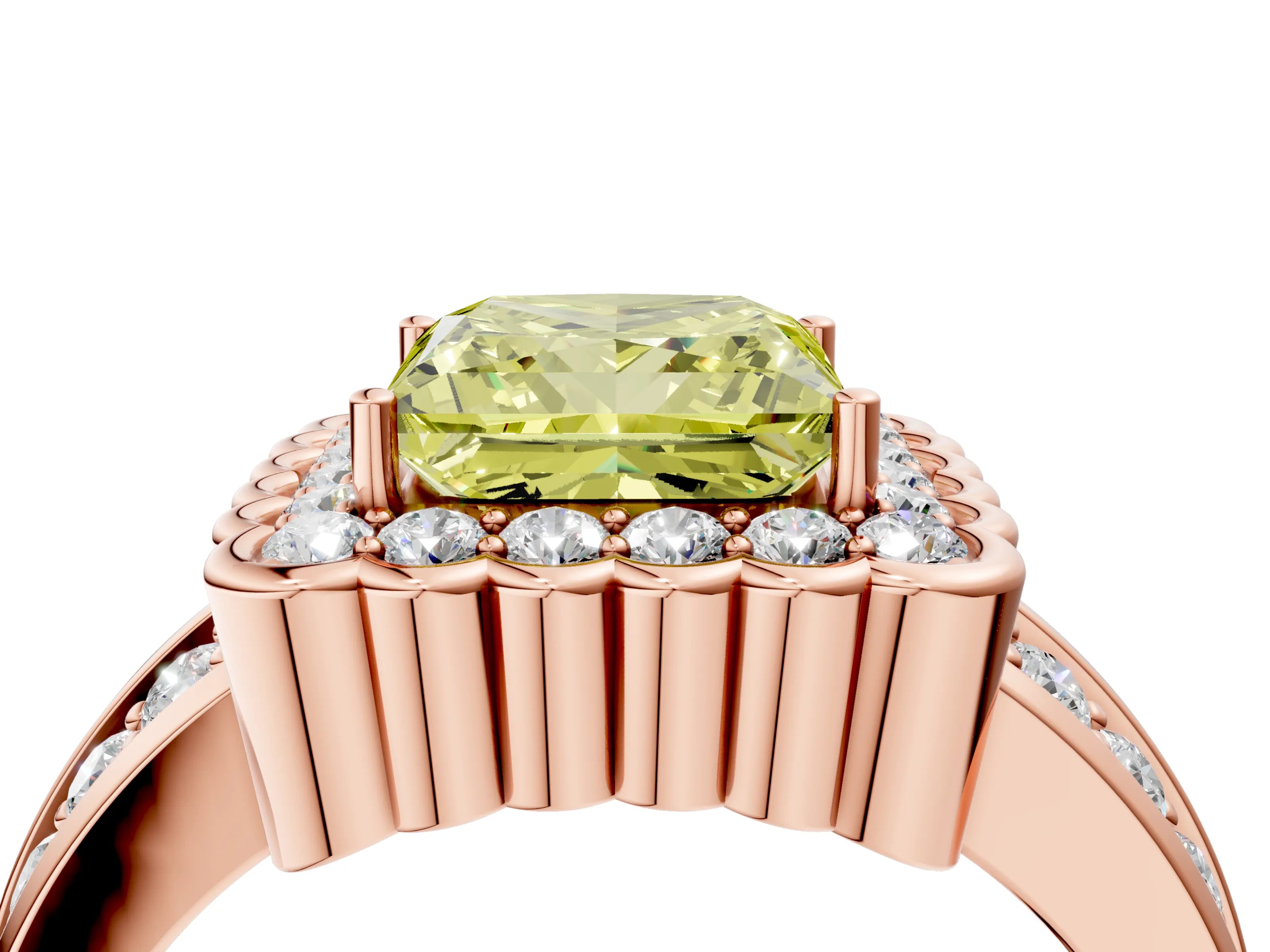 Rose gold Fancy Yellow Princess Cut Halo Diamond Split Shank Ring with Scalloped Prong Setting_4