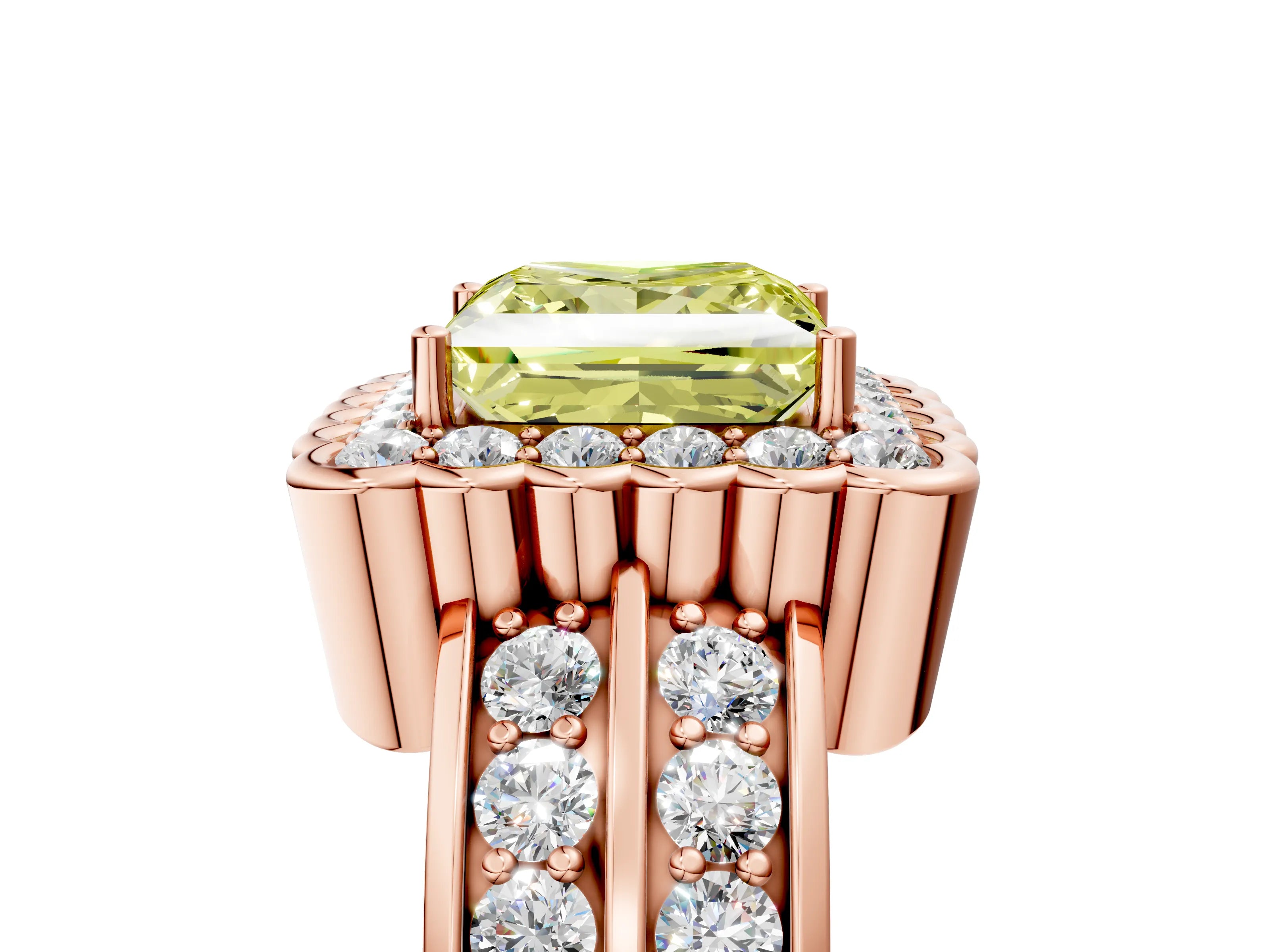 Rose gold Fancy Yellow Princess Cut Halo Diamond Split Shank Ring with Scalloped Prong Setting_5