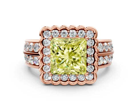 Rose gold Fancy Yellow Princess Cut Halo Diamond Split Shank Ring with Scalloped Prong Setting