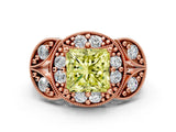 Rose gold Fancy Yellow Princess Cut Halo Milgrain Diamond Engagement Ring with Leaf Band and Four-Prong Setting