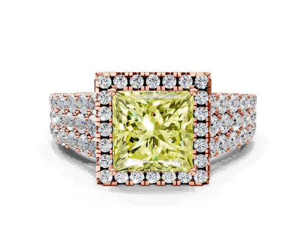 Rose gold Fancy Yellow Princess Cut Halo Pavé Diamond Engagement Ring with Split Shank and Four-Prong Setting