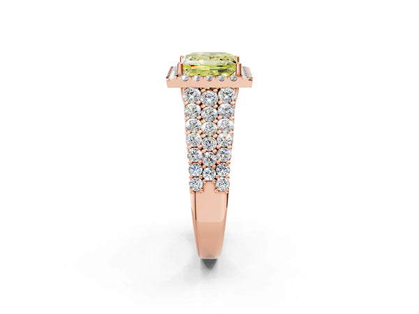 Rose gold Fancy Yellow Princess Cut Halo Pavé Diamond Engagement Ring with Split Shank and Four-Prong Setting