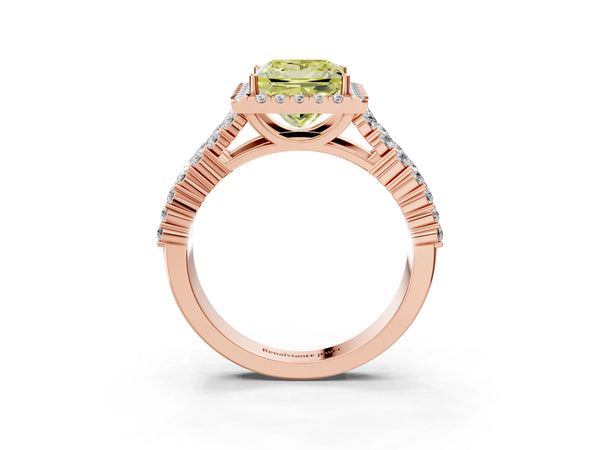 Rose gold Fancy Yellow Princess Cut Halo Pavé Diamond Engagement Ring with Split Shank and Four-Prong Setting