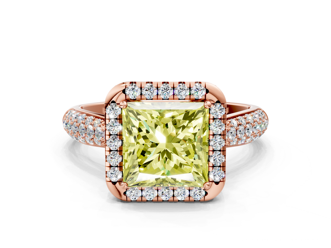 Rose gold Fancy Yellow Princess  Cut Halo Pave Band Four-Prong Setting Ring