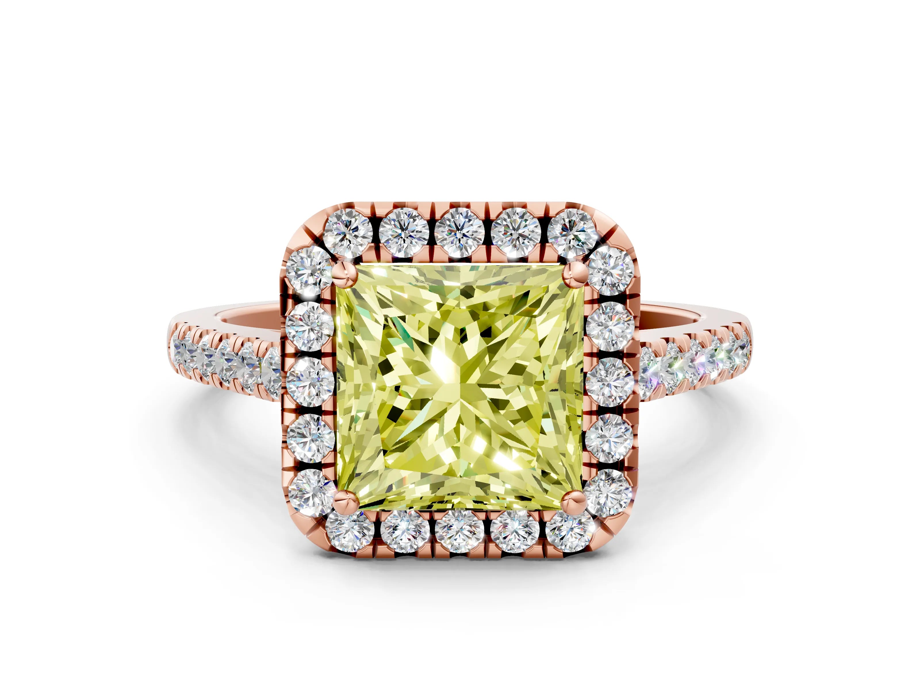 Rose gold Fancy Yellow Princess Cut Halo Pave Diamond Engagement Ring with Four-Prong Setting