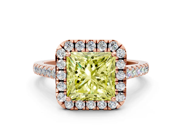 Rose gold Fancy Yellow Princess Cut Halo Pave Diamond Engagement Ring with Four-Prong Setting
