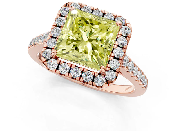 Rose gold Fancy Yellow Princess Cut Halo Pave Diamond Engagement Ring with Four-Prong Setting