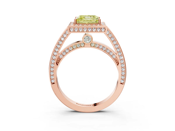 Rose gold Fancy Yellow Princess  Cut Halo Pave Split Shank Prong Setting Ring